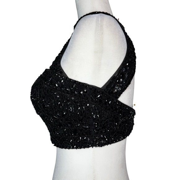 90s Evening Vintage Beaded Halter Crop Top XS 2 Black Sheer Backless Fairy Party - Picture 3 of 9